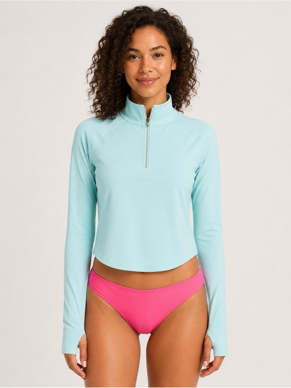 LANDSEND Women’s Cropped SunShade Rash Guard Tee UPF 50, 1/4 Zip, Thumb Holes
